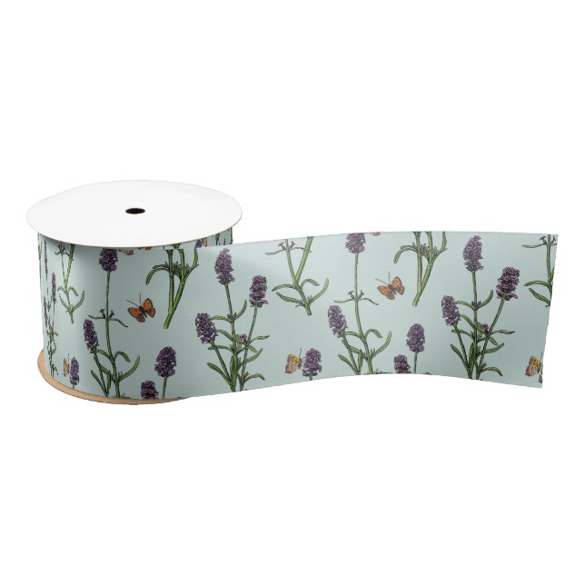 Lavender and butterflies on sea glass satin ribbon (Spool)