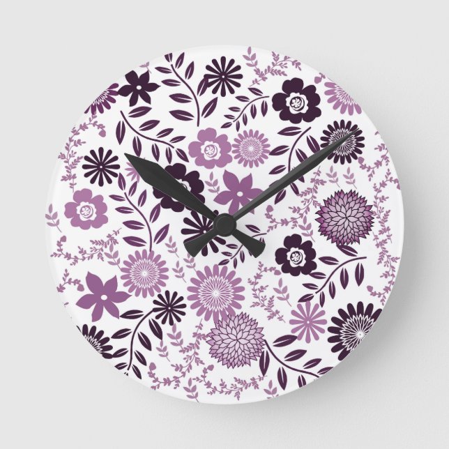Lavender and dark purple pattern floral round clock (Front)
