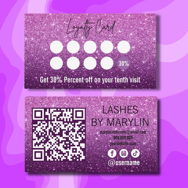 Lavender and Deep Purple Ombre Glitter Lash Tech Loyalty Card (Creator Uploaded)