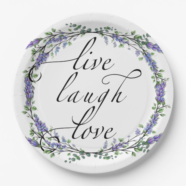 Lavender and Eucalyptus Live Laugh Love Paper Plate (Front)