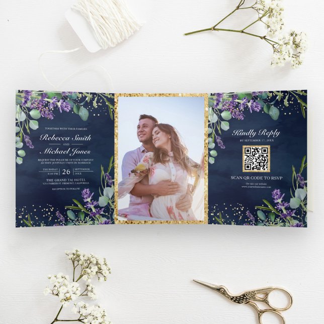 Lavender and Eucalyptus Navy Blue QR Code Wedding Tri-Fold Invitation (Creator Uploaded)