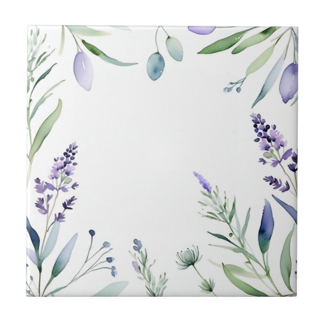 Lavender And Eucalyptus Watercolor Ceramic Tile (Front)