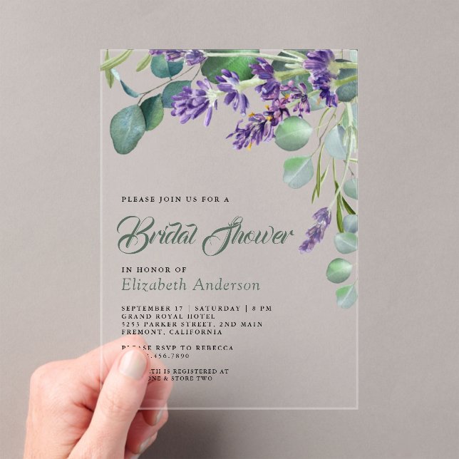 Lavender and Eucalyptus White Marble Bridal Shower Acrylic Invitations (Insitu (Handheld))