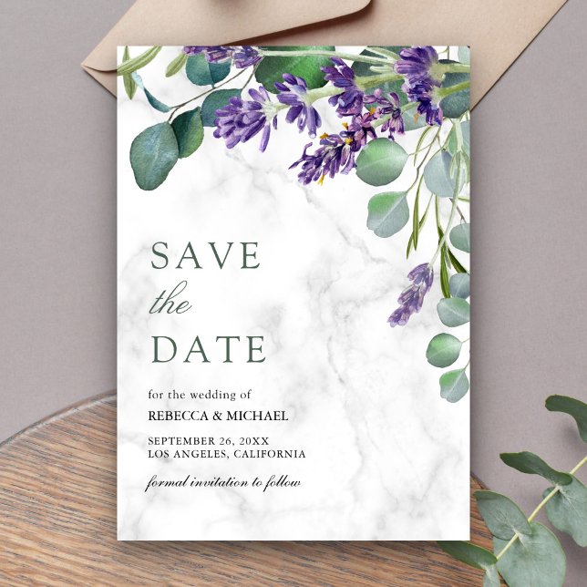 Lavender and Eucalyptus White Marble Wedding Save The Date (Creator Uploaded)