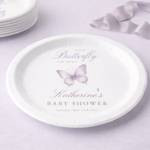 Lavender And Gold Butterfly On The Way Baby Shower Paper Plate