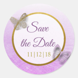 Lavender and Gold Butterfly Save the Date Stickers