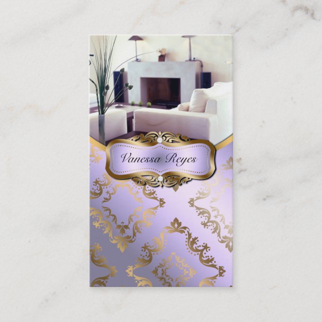 Lavender and Gold Damask Photo Business Card (Front)