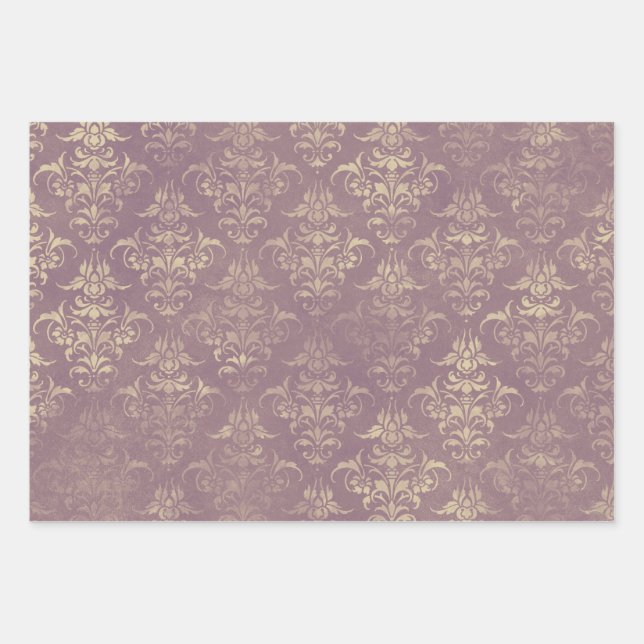 Lavender and Gold Damask Wrapping Paper Sheet (Front)
