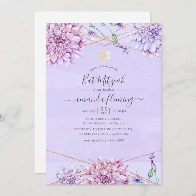 Lavender and Gold Floral Geometric Bat Mitzvah Invitation (Front/Back)