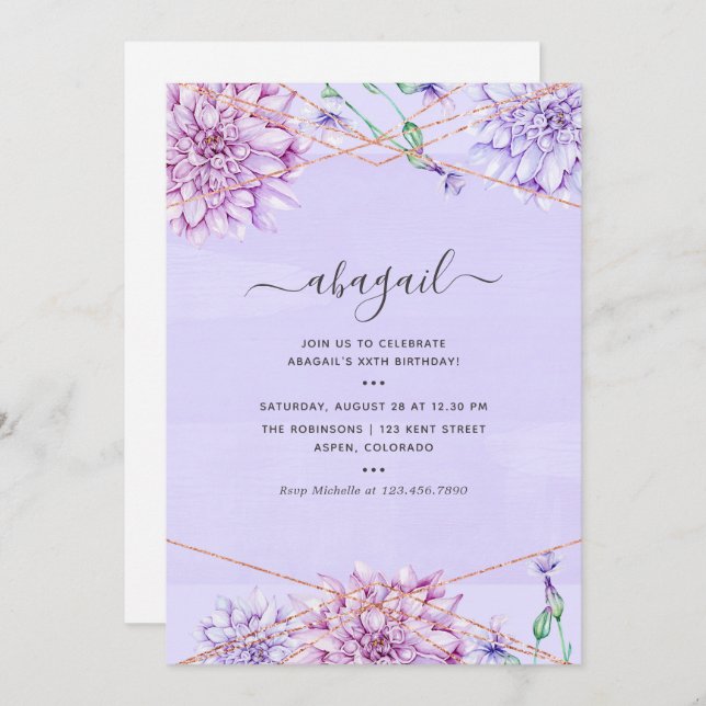 Lavender and Gold Floral Geometric Birthday Invitation (Front/Back)