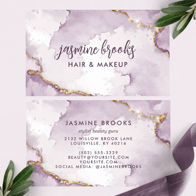 Lavender and Gold Marble Watercolor Business Card (Creator Uploaded)
