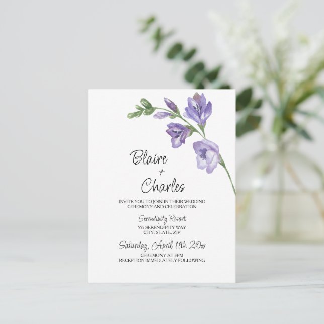 Lavender and Green Floral Wedding Invitation Postcard (Standing Front)