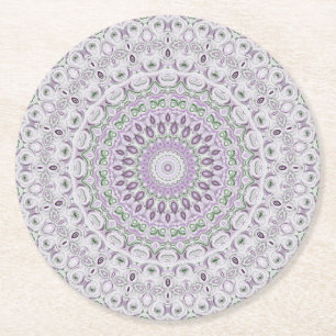 Lavender and Green Mandala Pattern Design Round Paper Coaster