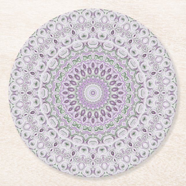 Lavender and Green Mandala Pattern Design Round Paper Coaster (Front)