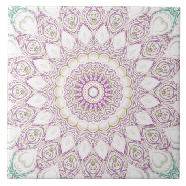 Lavender and Green Pastel Mandala Pattern Design Ceramic Tile (Front)