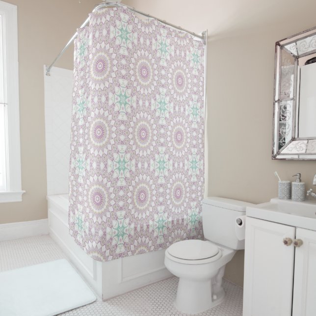 Lavender and Green Pastel Mandala Pattern Design Shower Curtain (In Situ)