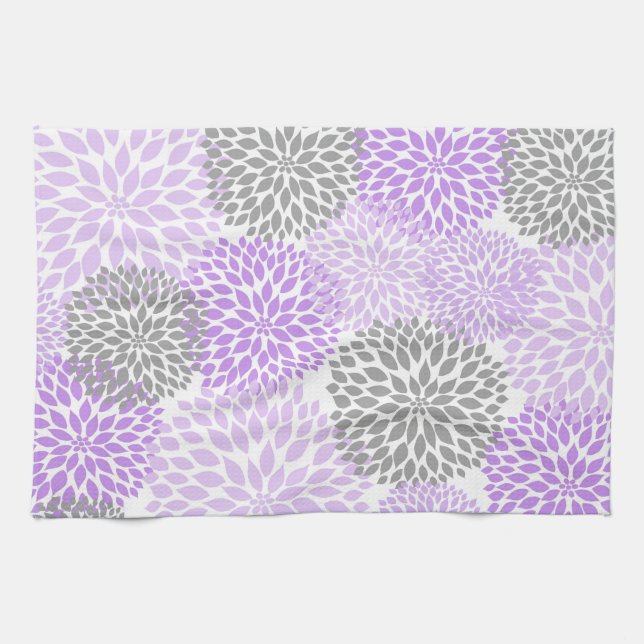 Lavender and Grey Floral Kitchen Tea Towel (Horizontal)