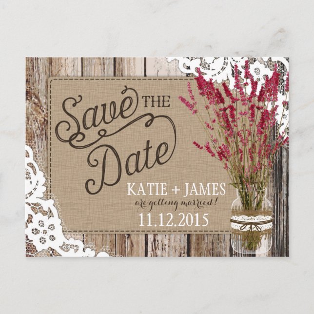 Lavender and Lace Rustic Wood Planks Save the Date Announcement Postcard (Front)