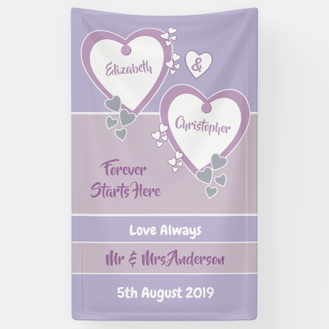 Lavender and Lilac with hearts Wedding Backdrop Banner (Vertical)