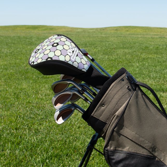 Lavender and Mint Hexagons and Circles Pattern Golf Head Cover (In Situ)