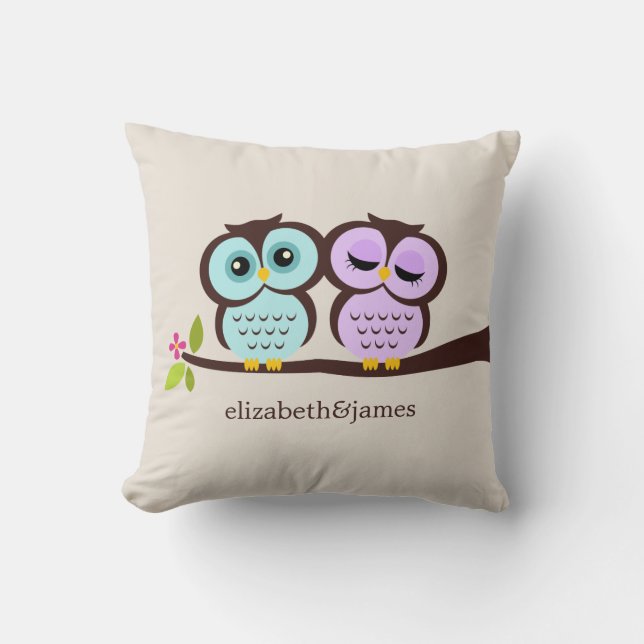 Lavender and Mint Owls Wedding Cushion (Front)