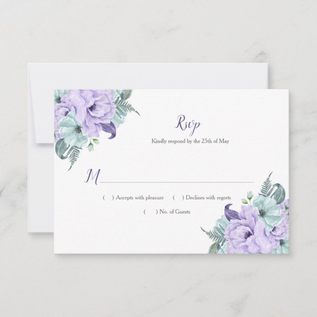 Lavender and Mint Watercolor Peonies Lattice RSVP Card (Front)