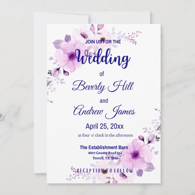 Lavender and Navy Customisable Wedding Invites (Front)