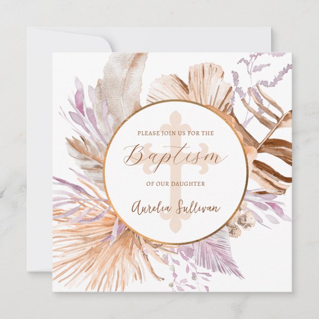 Lavender and Peach Bouquet Baptism Invitation (Front)
