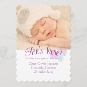 Lavender and Pink Photo Birth Announcement