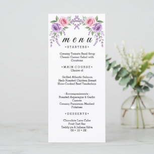Lavender and Pink Rose Floral Wedding Menu Card