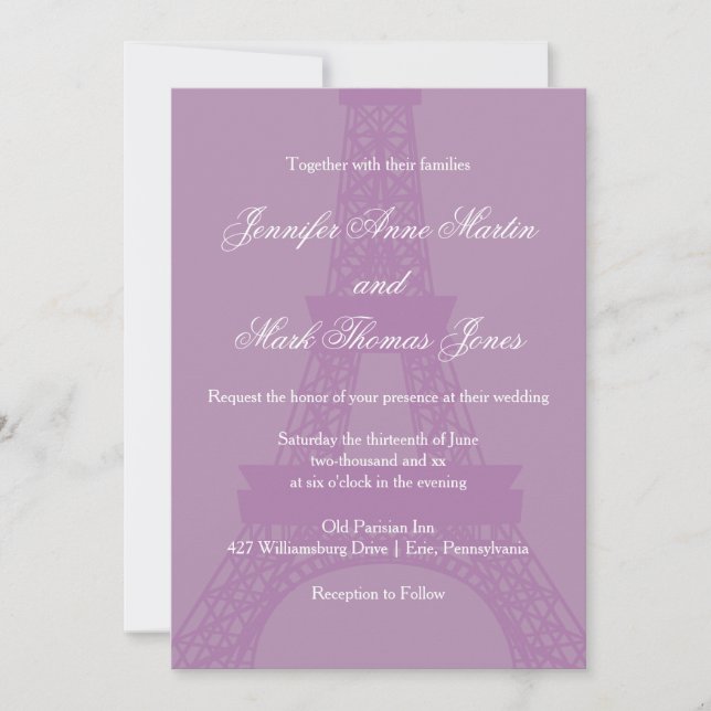 Lavender and Purple Paris Eiffel Tower Wedding Invitation (Front)