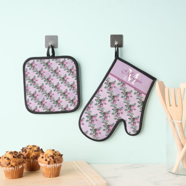 Lavender and Purple Roses On Vines Monogrammed Oven Mitt & Pot Holder Set (Insitu(Hanging))