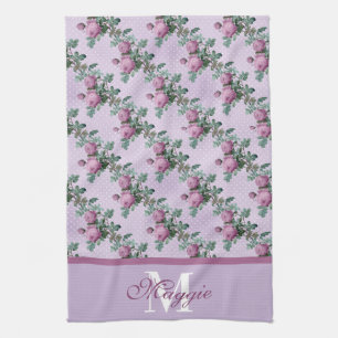 Lavender and Purple Roses On Vines Monogrammed Tea Towel