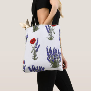 Lavender and Red Poppy Botanical Floral Pattern Tote Bag