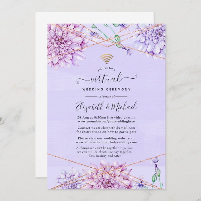 Lavender and Rose Gold Floral Virtual Wedding Invitation (Front/Back)