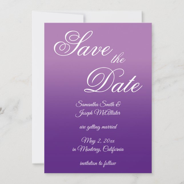 Lavender and Royal Purple Ombre Save The Date (Front)