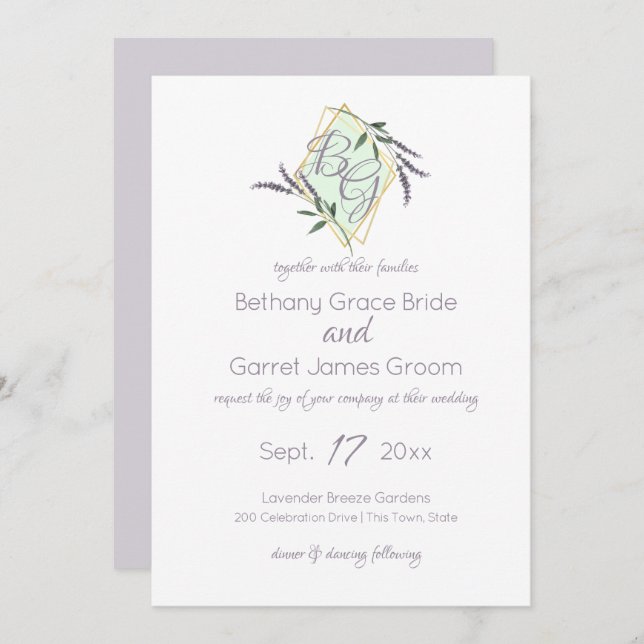 Lavender and Sage Monogram Wedding Invitation (Front/Back)