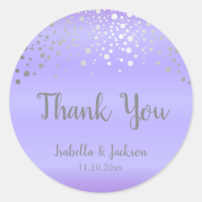 Lavender and Silver Confetti Dots Classic Round Sticker (Front)