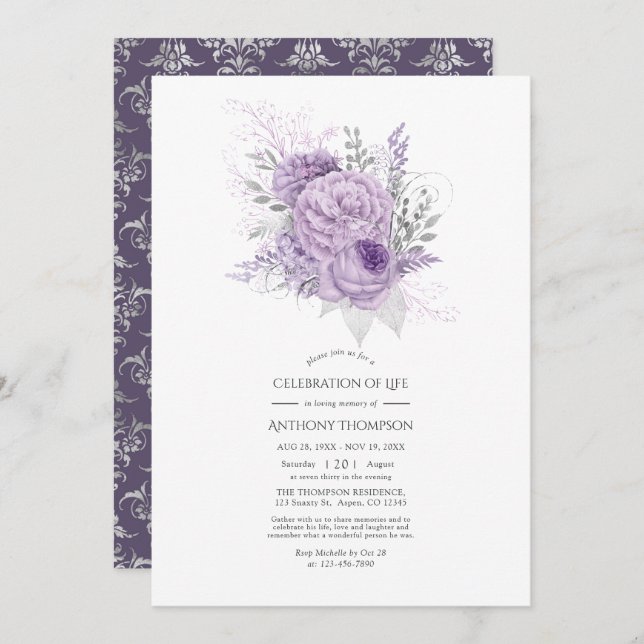 Lavender and Silver Floral Celebration of Life Invitation (Front/Back)