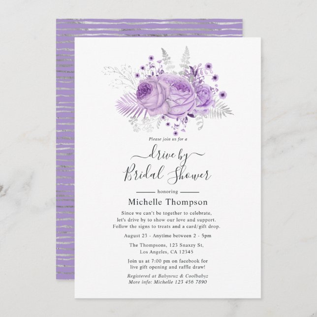 Lavender and Silver Floral Virtual Drive By Shower Invitation (Front/Back)