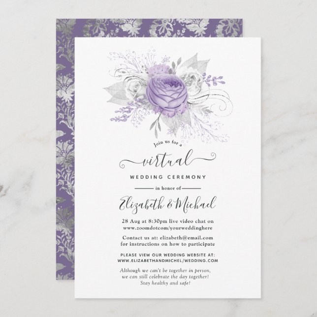 Lavender and Silver Floral Virtual Wedding Invitation (Front/Back)