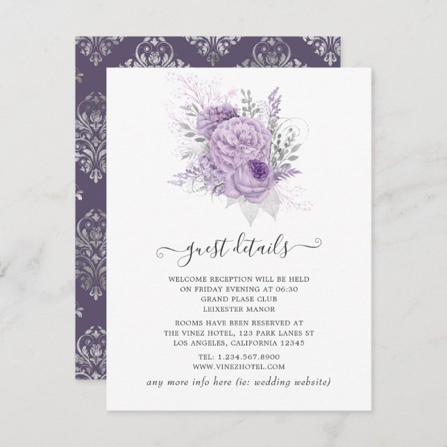 Lavender and Silver Floral Wedding Guest Details Enclosure Card (Front/Back)