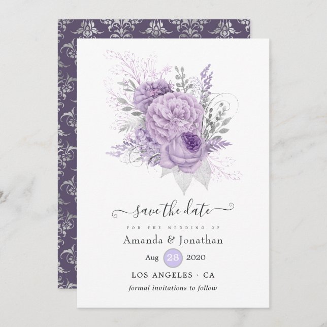 Lavender and Silver Floral Wedding Save The Date (Front/Back)
