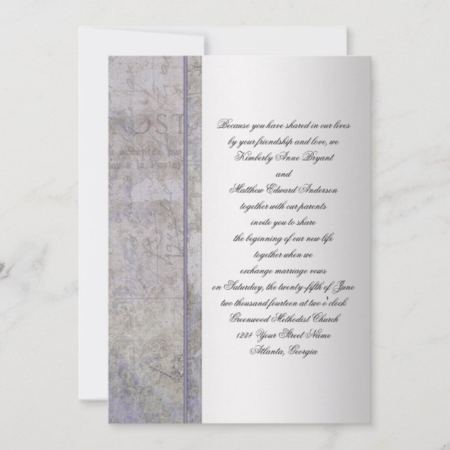 Lavender and Silver Grunge Wedding Invitation (Front)