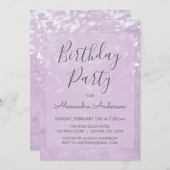 Lavender and White Any Age Birthday Party Invitation (Front/Back)