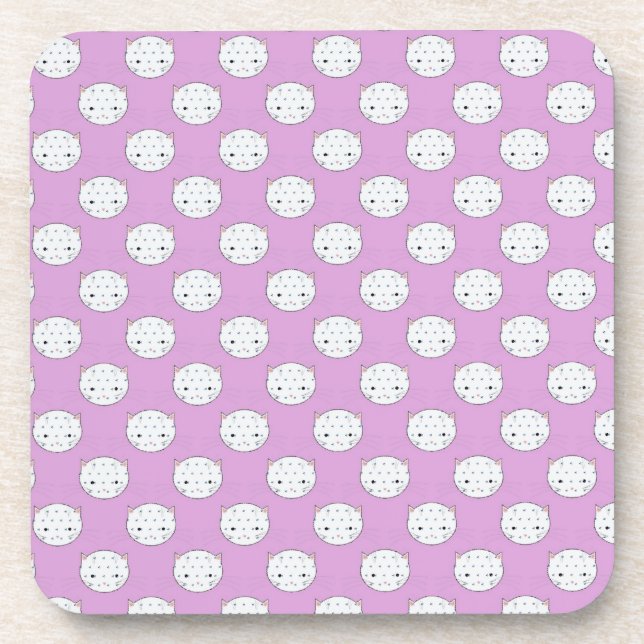Lavender and White Kitty Faces Pattern Polka Dots Coaster (Front)