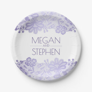 Lavender and White Lace Floral Elegant Wedding Paper Plate