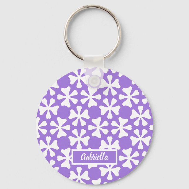 Lavender and White Modern Geometric Floral Pattern Key Ring (Front)