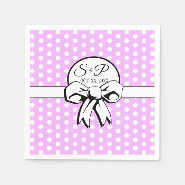 Lavender and White Polka Dot White Bow Personalise Napkin (Front)