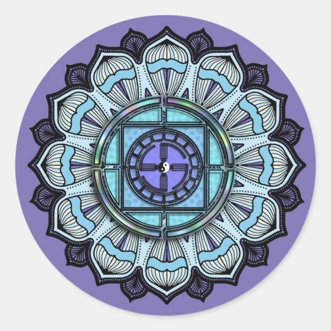 Lavender Aqua Mandala Black White Yin Yang Classic Round Sticker (Front)